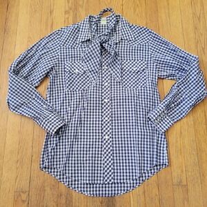 Malco Modes 16.5 35 Western Shirt Blue‎ Gingham Pearl Snap Vintage Hanky Cowboy